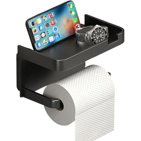 휴지걸이 무타공휴지걸이 선반형휴지걸이 화장실핸드폰거치대, 1개, 블랙