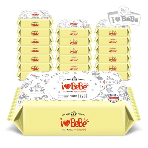 아이러브베베 옐로우 120매X20팩 리필형 대용량 아기물티슈, 120매, 20팩