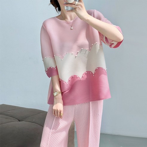 무드무드 메리안 진주 7부 플리츠 블라우스