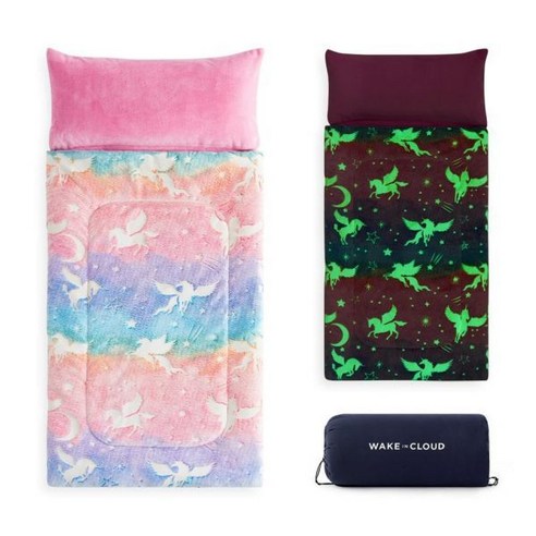 Wake In Cloud Glow in the Dark Sleep Bag with Pillow 유아용 플리스 냅 매트 소년 소녀 겨울 추위 어린이집 유치원 밤샘 여행 캠핑 날개, Unicorn Winged Rainbow, 61