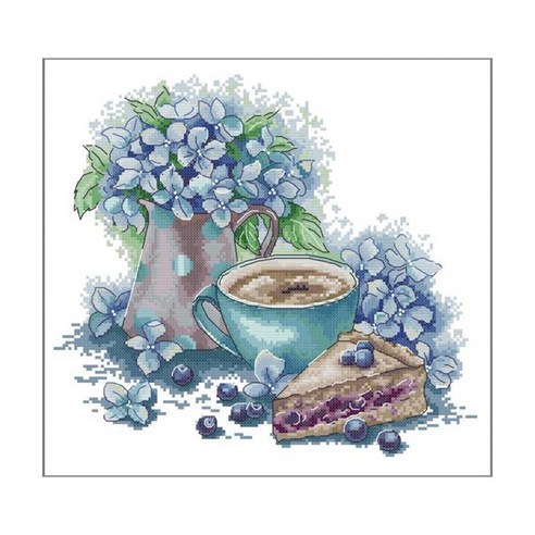 크로스 스티치 스탬프 키트 14CT 인쇄 자수 천 바늘 포인트 키트 커피 컵 블루 식물에 대 한 쉬운 패턴, 하나, 보여진 바와 같이