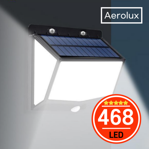 Aerolux 초고스펙 3면 468구 태양광 태양열 조명 LED 조명 인체감지 센서등 벽등 정원등 가로등, 1개, 블랙