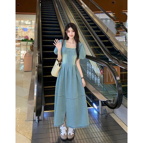여성용 빈티지 루즈핏 데님 롱 원피스 트임 스커트, 여름에 적합한 청원피스 LJX 여성용 빈티지 루즈핏 데님 롱 원피스 트임 스커트, 여름에 적합한 청원피스 LJX