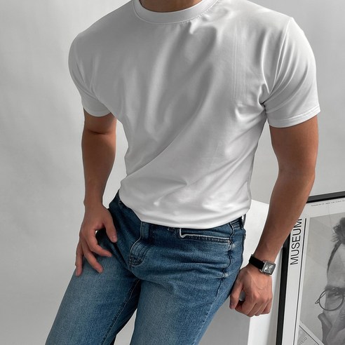 남자다잉 남성용 글로시 스판 머슬핏 반팔 티셔츠