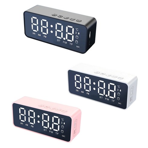 미니 확성기 블루투스 V5.0 조정 가능한 알람 시계 LED 서라운드 사운드 오디오 스피커, 하얀색