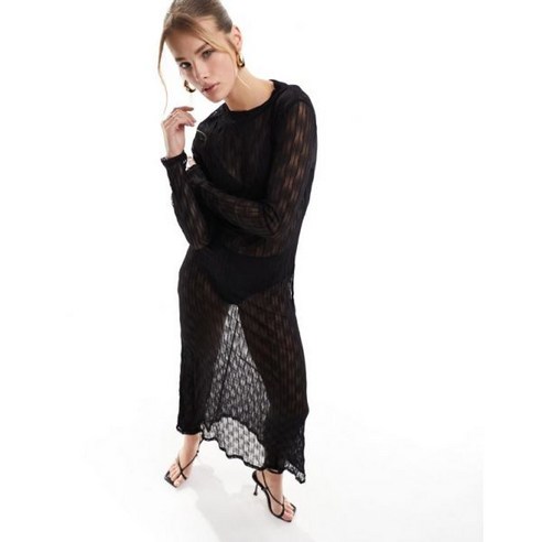 Object 드레스 원피스 피로연 오브제 텍스처드 시어 롱 슬리브 검정 맥시