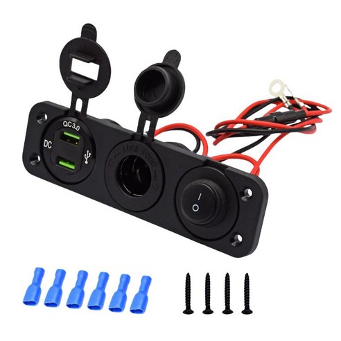 12V 자동차 QC 3.0 듀얼 USB 포트 충전기 소켓 LED 디스플레이 토글 스위치 알루미늄 어댑터 USB 콘센트 패널 버스, 검은 색, 5.91x1.77x5인치, PC 및 알루미늄 합금