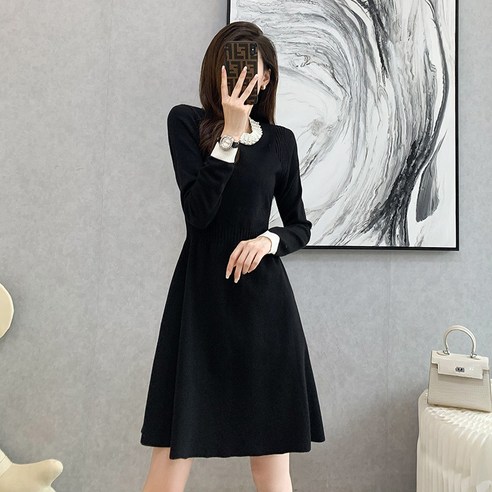 【TOW】패션 디자인 감각 새로운 한국어 스타일 니트 드레스 여성 프랑스어 레트로 우아한 페르시 라인 블랙 드레스