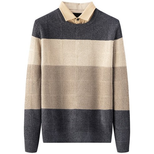 smy가짜 스웨터 남성 가을 겨울 두꺼운 느슨한 캐주얼 새로운 대비 컬러 유행 셔츠 칼라 스웨터