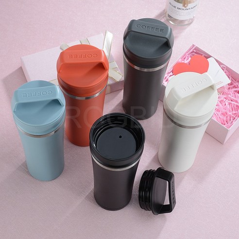 ROGBID 휴대용 커피 컵 스테인레스 스틸 보온병 컵, 450ml, 블랙
