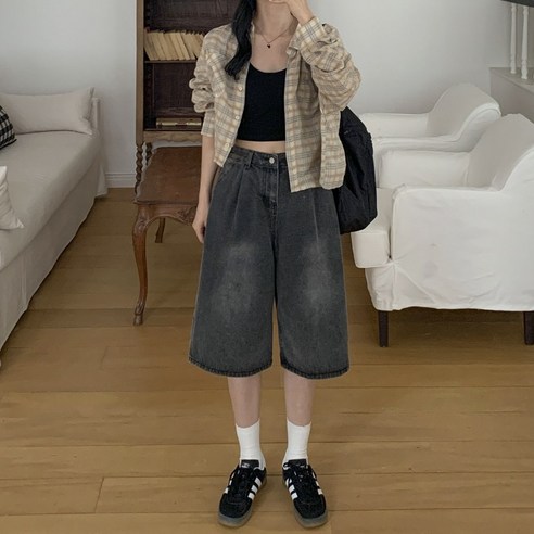 앤샵 [남녀공용/당일출고/~2XL빅사이즈] 원스 데일리 핀턱 와이드 워싱 데님 버뮤다팬츠 버뮤다 반바지 청반바지(4color)