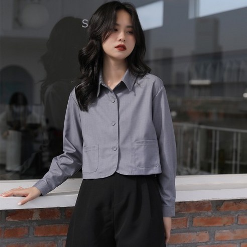 SU 봄과 가을 새로운 짧은 회색 폴로 칼라 셔츠 여성 긴팔 짧은 세련된 탑 디자인 감각 틈새