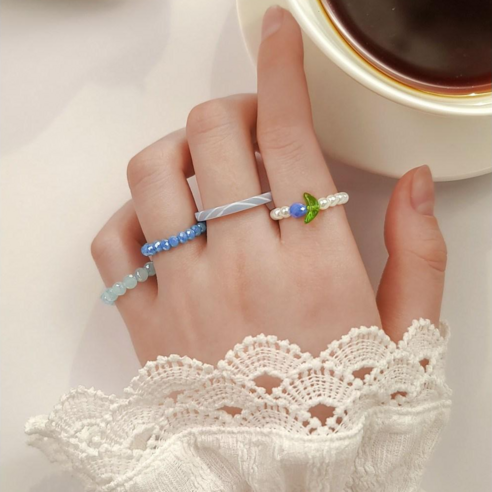 [초콜리트쥬얼리] 스무딩 진주 튤립 플라워 포인트 마블 호마이카 링 레이어드 비즈 반지 세트