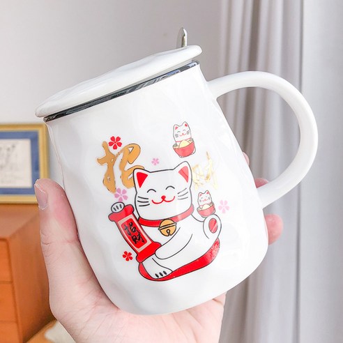 만화 재물 고양이 귀엽다 심플하다 도자기 컵 커피 물컵 싱그러운 머그컵 일품 가게 선물 컵, 고양이 세 마리를 대련하다, 480ML