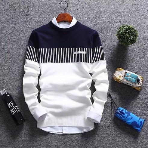 KORELAN 봄 남성 스트라이프 라운드 컬러 니트 패션 멋스러운 스웨터 트렌드