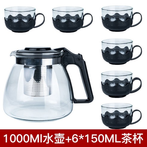 DFMEI 1000/2000ML 주전자 내열 방폭 유리 주전자 꽃 주전자 세트 대용량 차 주전자, DFMEI 1000ML 찻주전자 + 로터스 컵 6개, 1800ML 밀 귀 주전자