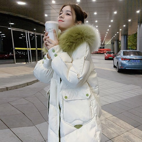 【DF】Gao 팬 같은 스타일 대비 컬러 모피 칼라 재킷 여성 겨울 새로운 한국어 스타일 중간 길이 두꺼운 따뜻한 빵 코트
