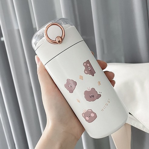DFMEI 물컵여고비주얼텀블러시간보온귀여운빨대신상심플컵, 흰색 듀오 곰 (투명한 덮개), 350ml 싱글 컵