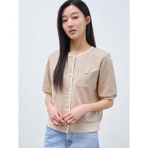 빈폴레이디스 Green 팁 배색 라운드넥 반소매 카디건 베이지 BF4342N03A114648
