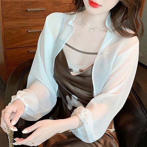 JUSTFEELING 여성 망사 여름 숏 긴팔 블라우스 쉬폰 가디건