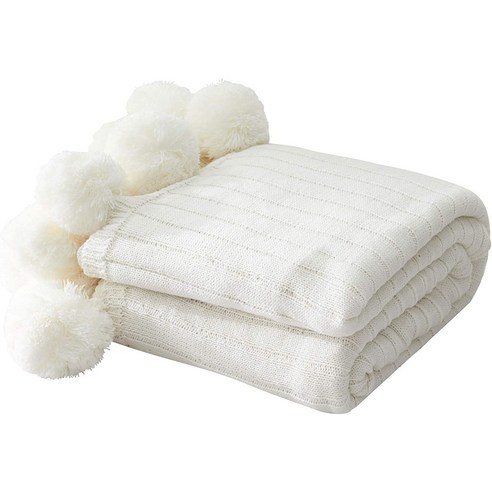 Deoxygene 소파 용 던지기 담요 화이트 pom 담요 poms 푹신한 부드러운 아늑한 따뜻한 니트 커버가있는, 하얀색