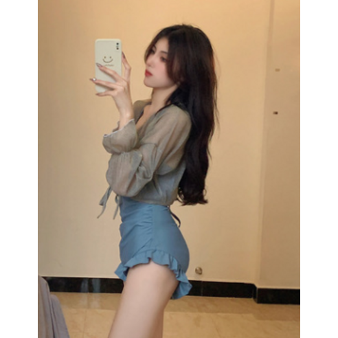 DFMEI 판매 원피스 나무 귀 수영복 배꼽 커버 슬리밍 보수적 인 원피스 복서 수영복, DFMEI 카디건 [녹색]