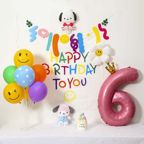 [피앤비유니티]캐릭터 현수막생일풍선세트 풍선펌프포함, 1세트, 27-6)현수막생일풍선세트 스탠드형 포차코 핑크6