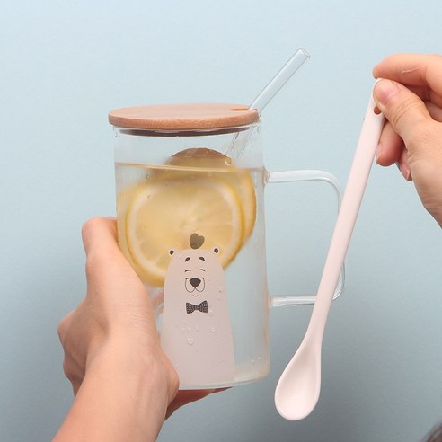 DFMEI 크리에이티브 러블리 머그컵 빨대 뚜껑스푼 대용량 내고온 유리컵 오피스 남녀컵, DFMEI 사랑 곰 [대나무 커버 + 스푼 + 짚 +