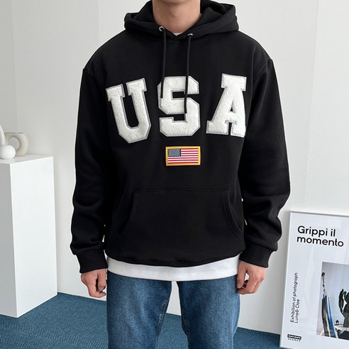 베럴댄나우 남녀공용 기모 USA 자수 오버핏 후드티