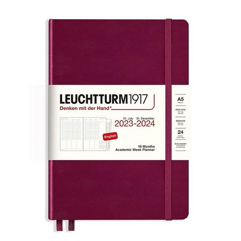 로이텀 LEUCHTTURM1917 - Academic Week Planner 18개월 하드커버 미디엄 A5 2023년 6월 2024년 12월 영어 하드커버 포트 레드 449, Medium (A5)