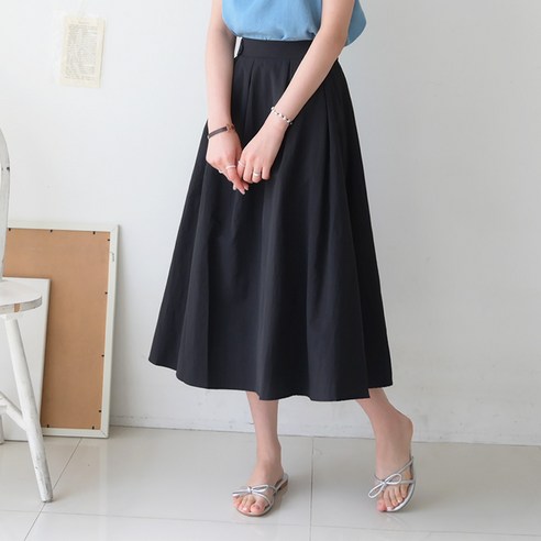 데일리앤 아레나 바스락 뒷밴딩 버튼 핀턱 여름 데일리 풍성한 플레어 미디 롱 스커트