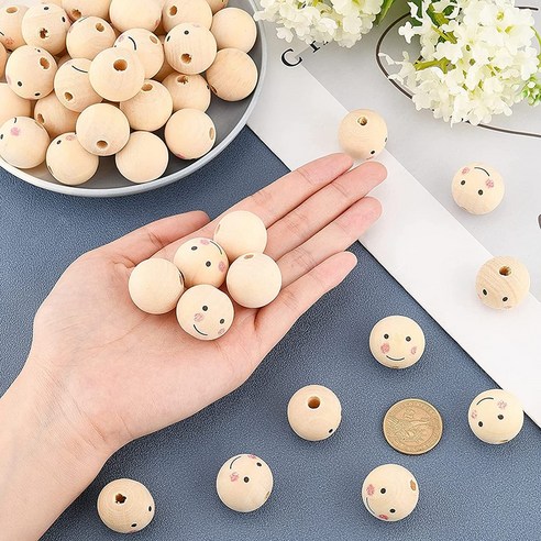 우드볼 DIY 공예용 천연 스마일 페이스 볼 나무 비즈 인형 보석 팔찌 목걸이 스페이서 만들기 550 개, [03] 20MM ..., 10개 - 우드비즈... 