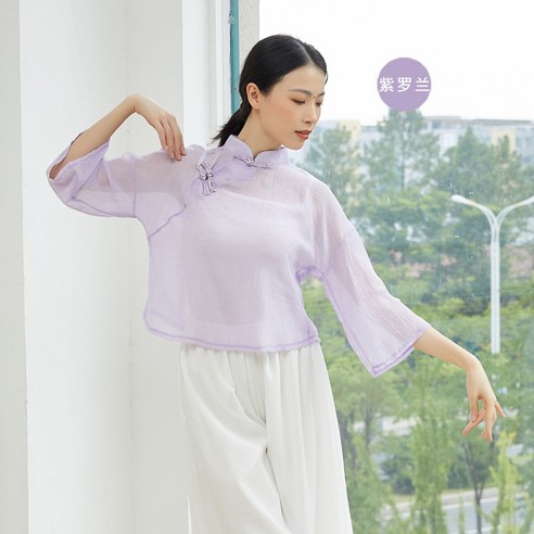고전무용 연공복 복고 단추 개량 치파오 상의 국풍녀 중국무용 전문 공연 무용복, S, 바이올렛