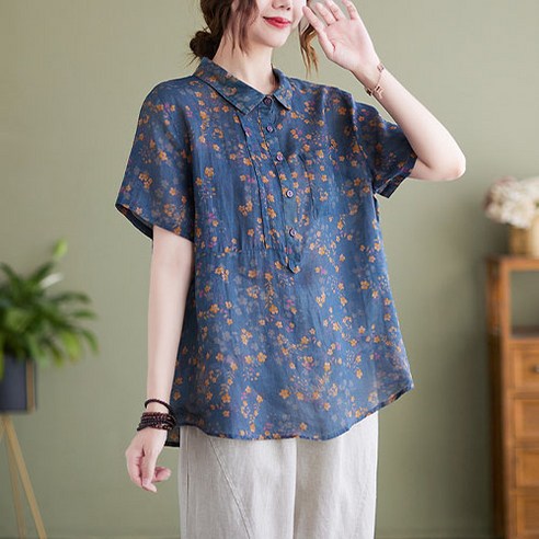 블라우스  Dailyloen Women's Collar Flower Patterned Short-Sleeved Blouse