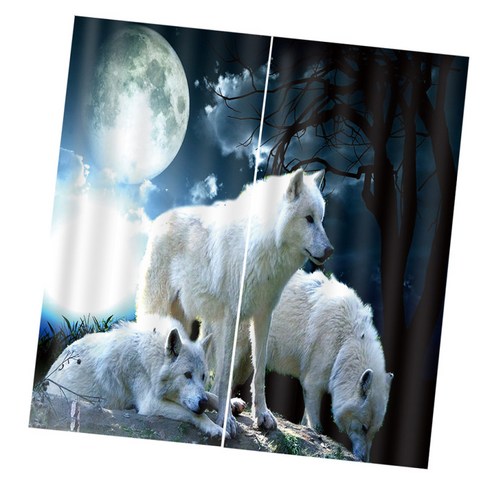 3D 동물 효과 커튼 침실 식당 창 드레이프 배경막 2Panel, 문 Wolves-75x166cm, 설명