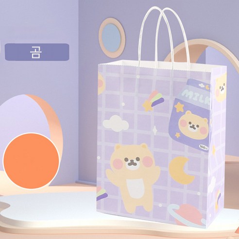 채색 캐릭터 크라프트 쇼핑백 50p 예쁜 미니 선물 포장 주머니, 세로 15*8*21cm, 곰