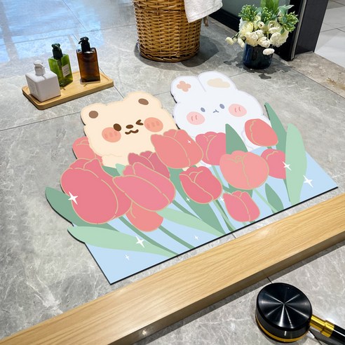 Linzheng카툰 욕실 흡수 속도 건조 미끄럼 방지 매트 화장실 발판 입구, 토끼+곰(붉은 꽃)