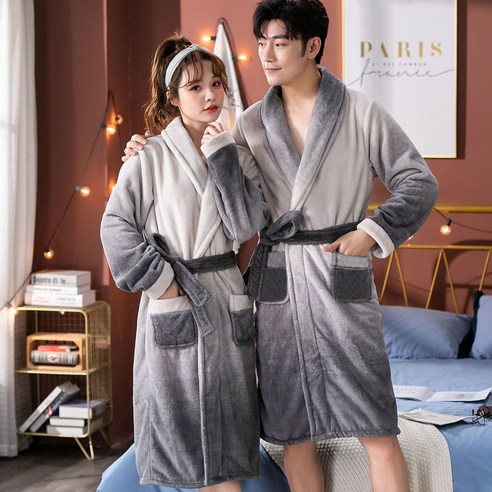 DFMEI-Y 새로운 커플 그라데이션 컬러 잠옷 두꺼운 산호 양털 목욕 가운 플란넬 남성과 여성의 목욕 가운 플러스 벨벳 잠옷 착용, 남성용 Xxxl 사이즈 (170-195 진), DFMEI 새로운 그라데이션 그레이 커플 잠옷