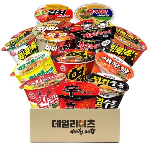 [데일리이츠] 컵라면 큰사발&사발면 8종 볶음라면 4종 총 12개(신라면 진라면매운맛 새우탕 짜파구리 참깨라면 열라면 불닭볶음 스파게티 콕콕콕 라면볶이 콕콕콕 육개장사발 김치사발), 1세트