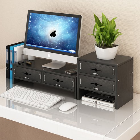 【Computer Rack】【컴퓨터 랙】컴퓨터 디스플레이 화면 높이 랙 높이 탁상용 데스크탑 스토리지 랙 데스크 스토리지 선반 기본, 더블레이어파티션+세레이어블랙호두(4서랍)