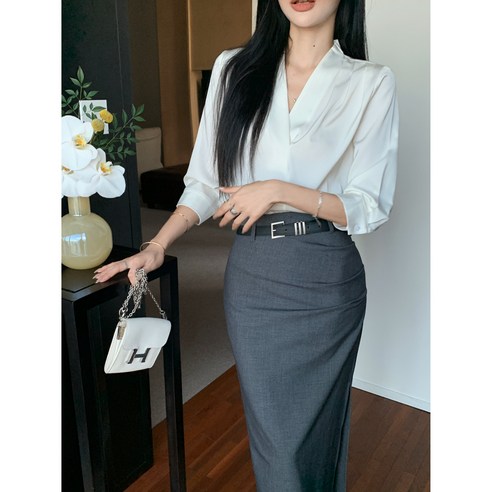 히또리 C0363 노카라 브이넥 7부 소매 블라우스 롱스커트 벨트세트