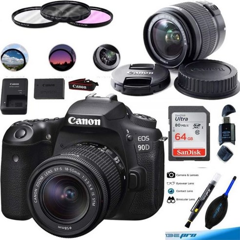 Canon 캐논 EOS 90D 디지털 SLR 카메라 본체 EF-S 18-55mm f/3.5-5.6은 STM 렌즈 64GB 엑스포 기본 국제판 리퍼