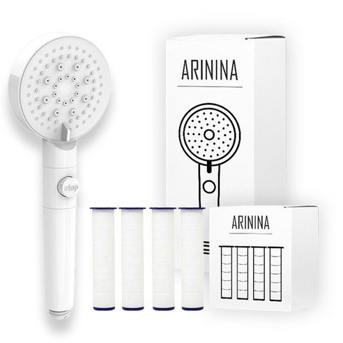 아리니나 필터샤워기 6단 분사조절 온오프 샤워기 헤드+나노섬유 필터 리필 4개, 1세트, 화이트