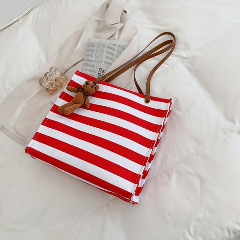 KORELAN 캔버스 여성용 가방 대용량 핸드백 숄더백 패션 곰돌이 액세서리 캐주얼 용 가방 줄무늬 가방 붐