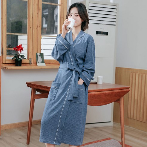 DFMEI-Y 호텔 커플 잠옷 여성 긴 면화 목욕 가운 남성 얇은 와플 잠옷 피부 친화 흡수성 빠른 건조 목욕 가운, {"패션의류/잡화 사이즈":"XL 적합 [160-200 진]"}, DFMEI 대마 블루