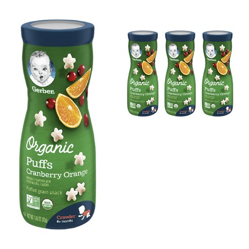 거버 어린이 퍼프 그레인 스낵 42g, 4개, 크랜베리 + 오렌지(Cranberry + Orange)