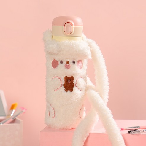 [LM] 거품 우유 차 보온병 병 곰 오리 플러시 커버 스트랩 절연 스테인레스 스틸 여행 물 진공 컵 선물, 420ml, Beige  B