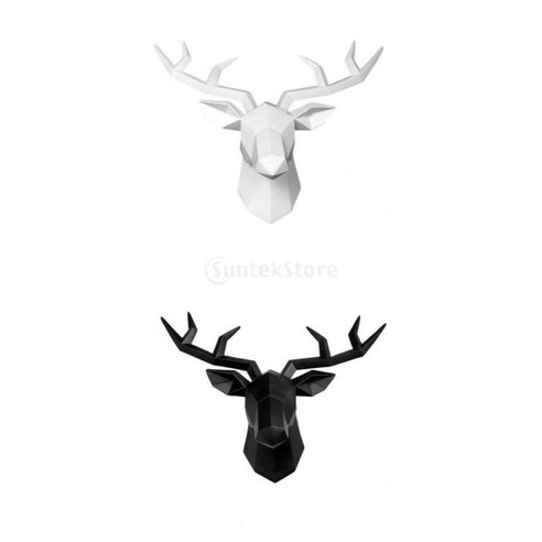 2 조각 사슴 머리 벽 장식 현대 동물 매달려 사슴, 화이트+블랙, 수지