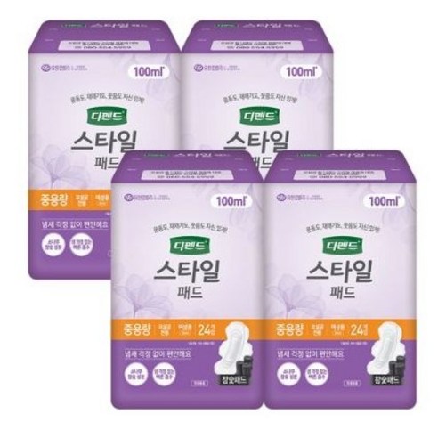 디펜드 스타일 패드 참숯 여성용 중용량, 100ml 중용량, 24개입, 4개