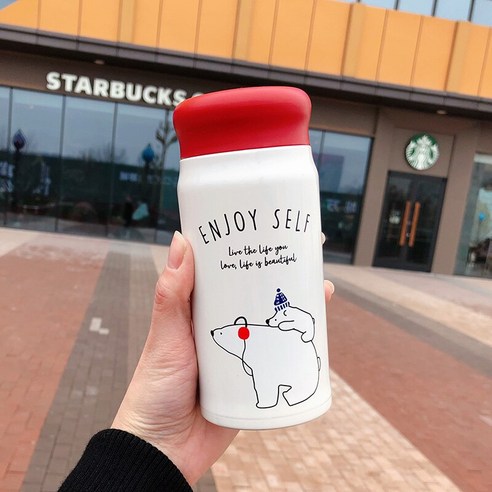 smy일본 하라주쿠 스타일 만화 스테인리스 보온병 컵 소년과 소녀 커플 컵 귀여운 간단한 차 컵, 레드 커버/곰/350 Ml, 하나